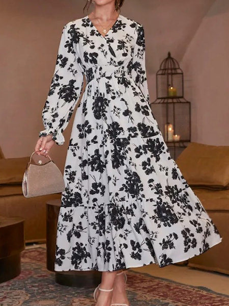Black and White Floral Long Sleeves Dress - Image 4