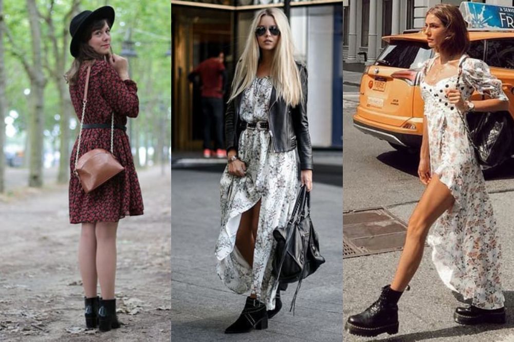 black ankle boots with long floral dresses