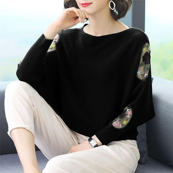 Black Embroidered Floral Sweater