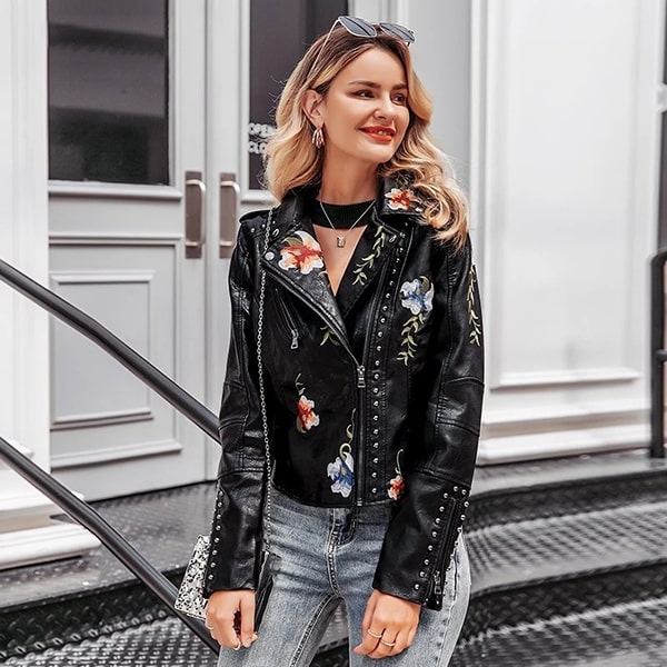 Black Floral Leather Jacket
