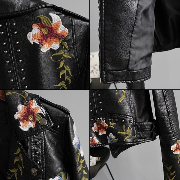 Black Floral Leather Jacket - Image 5