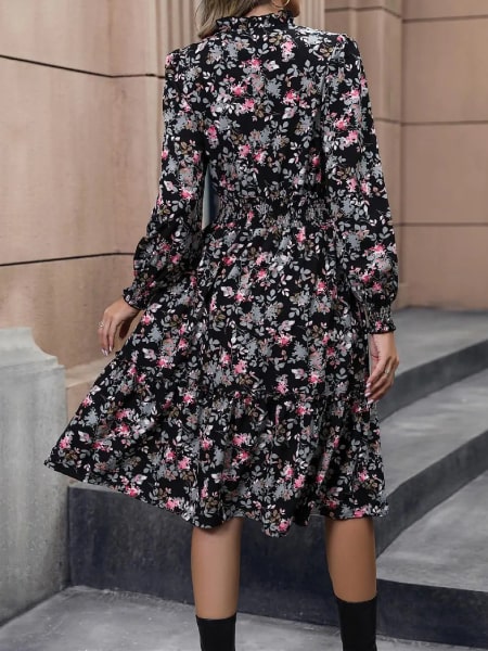 Black Long Sleeve Floral Print Dress - Image 3