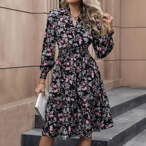 Black Long Sleeve Floral Print Dress