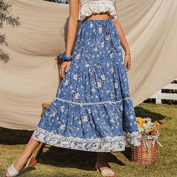Blue Floral Skirt Long
