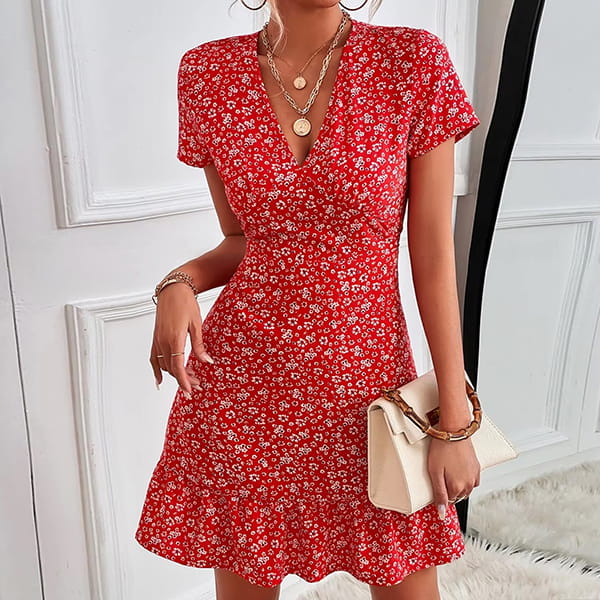 Bohemian Style Red Floral Dress