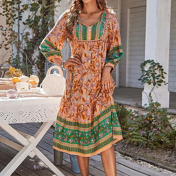 Boho Maxi Dress With Long Sleeves Floral