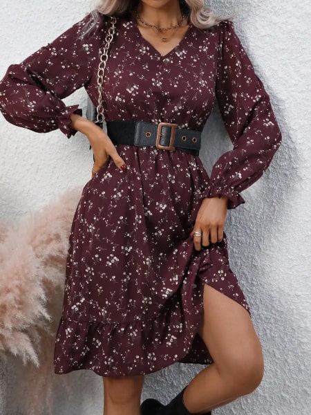 Burgundy Floral Dress Short - Image 3