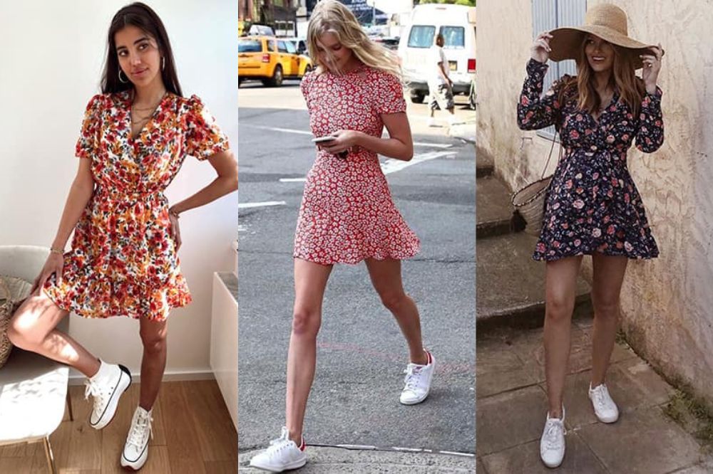 Floral dress with white sneakers