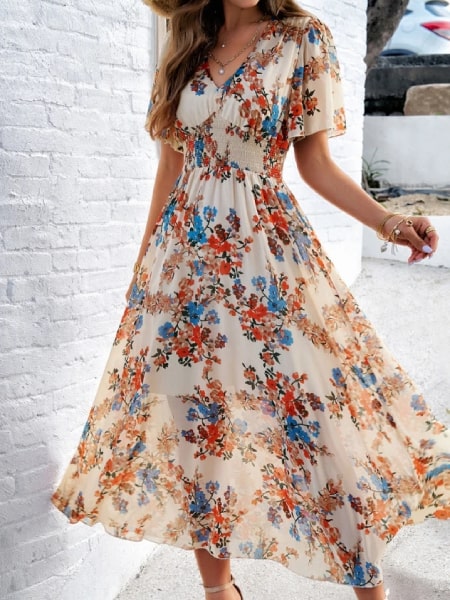 Floral Print Long Dress with Sleeves - Image 4