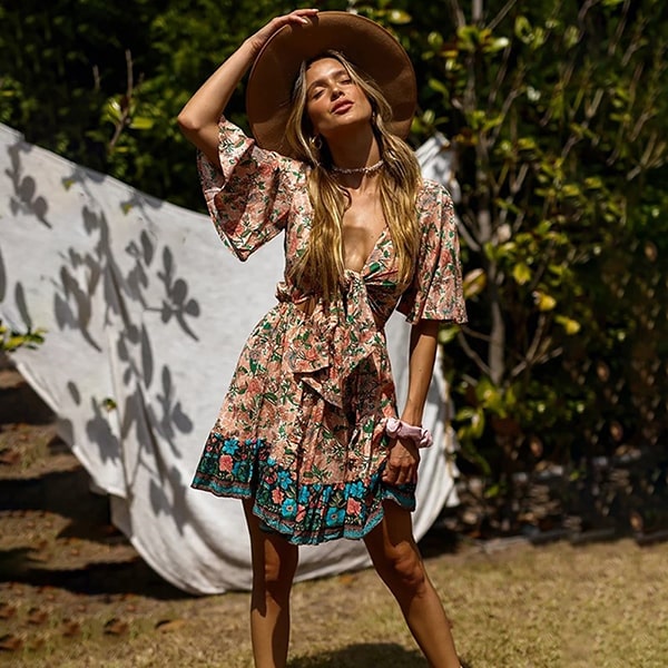 Floral Print Short Hippie Dress - Image 3