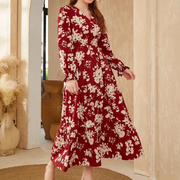 Floral Red Long Sleeve Dress