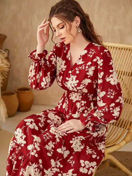 Floral Red Long Sleeve Dress - Image 4