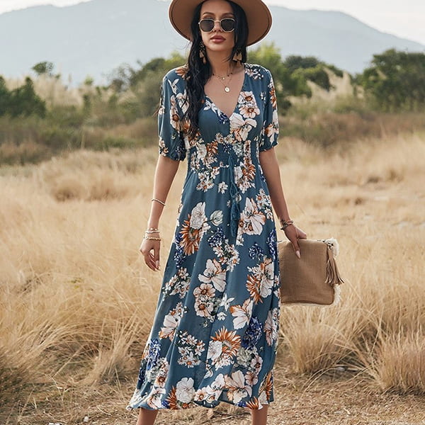 Floral Wedding Dress With Blue