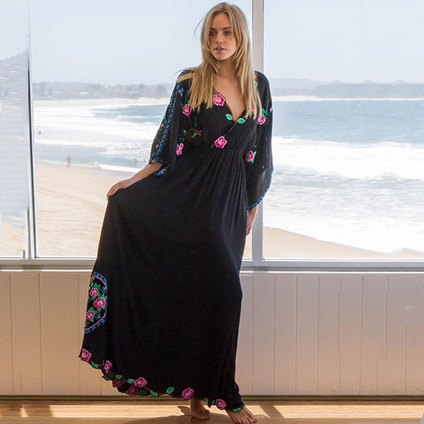 Long Black Floral Boho Dress