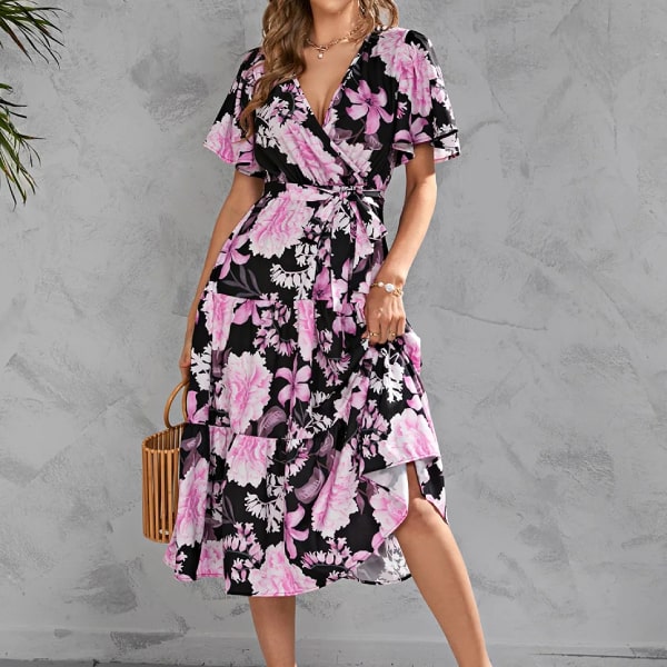 Long Black Pink Floral Dress