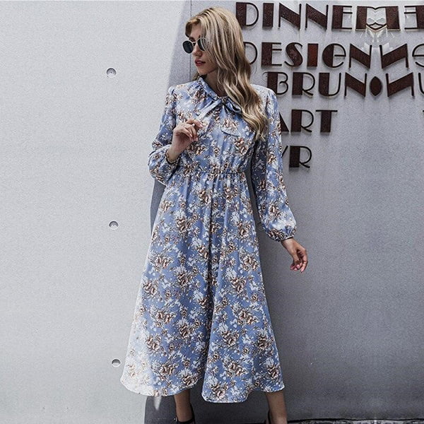 Long Floral Dress With Puff Sleeves