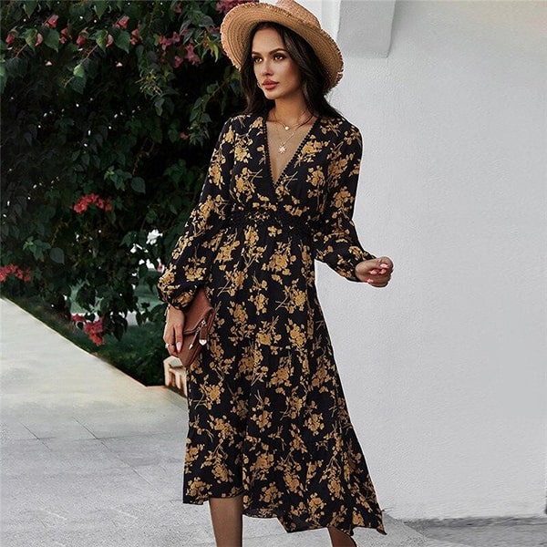 Long Gold Floral Dresses - Image 3