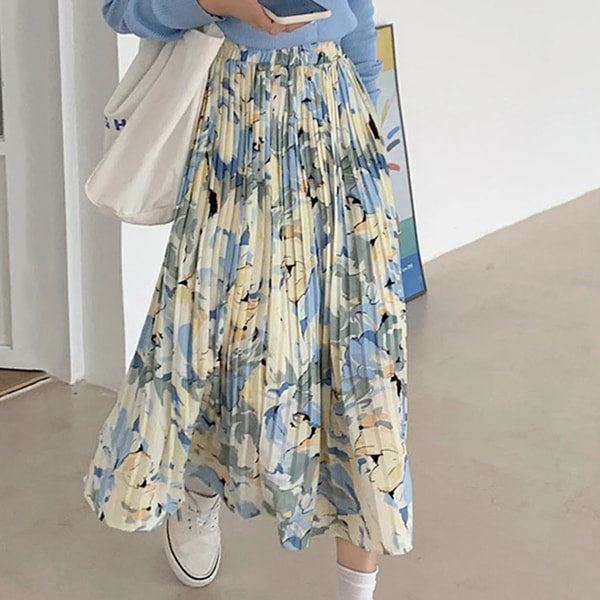 Long Pleated Floral Skirt