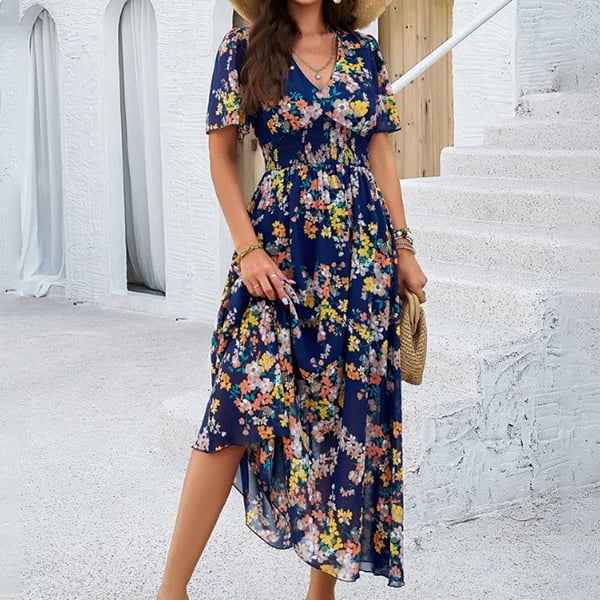 Navy Blue Floral Long Dress