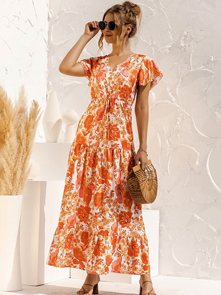 Orange Floral Long Dress - Image 4
