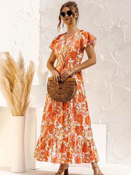 Orange Floral Long Dress - Image 3