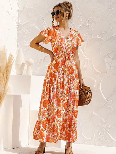 Orange Floral Long Dress - Image 5