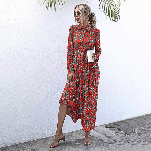 Polyester Red Floral Dress