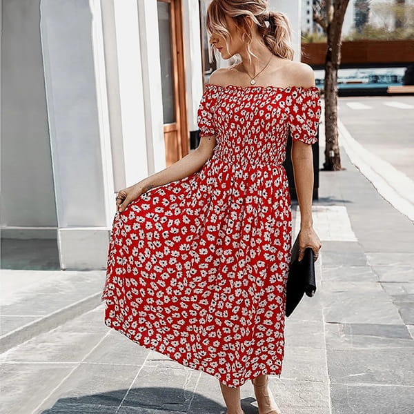 Red and White Floral Long Dress