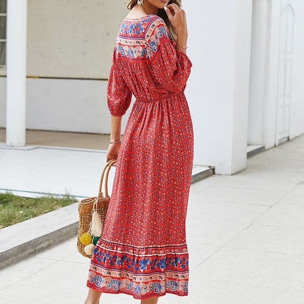 Red Floral Bohemian Dress - Image 3