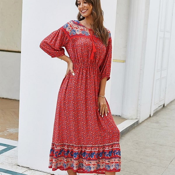 Red Floral Bohemian Dress - Image 4