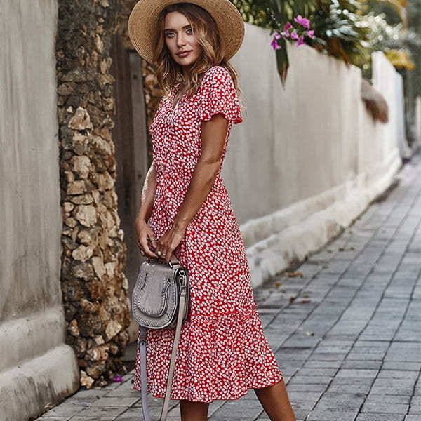 Red Floral Cotton Dress - Image 4
