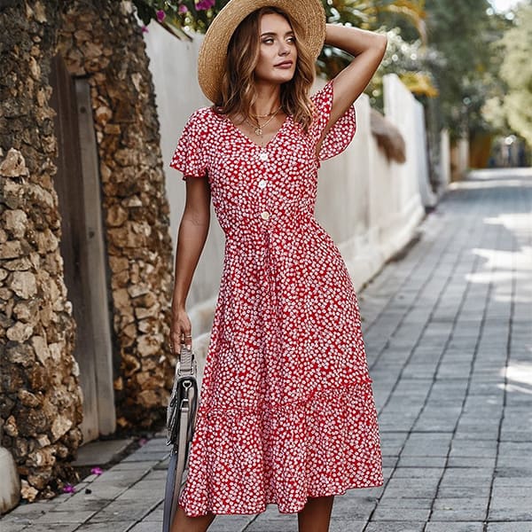 Red Floral Cotton Dress - Image 3