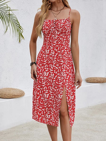 Red Floral Dress With Slit - Image 3