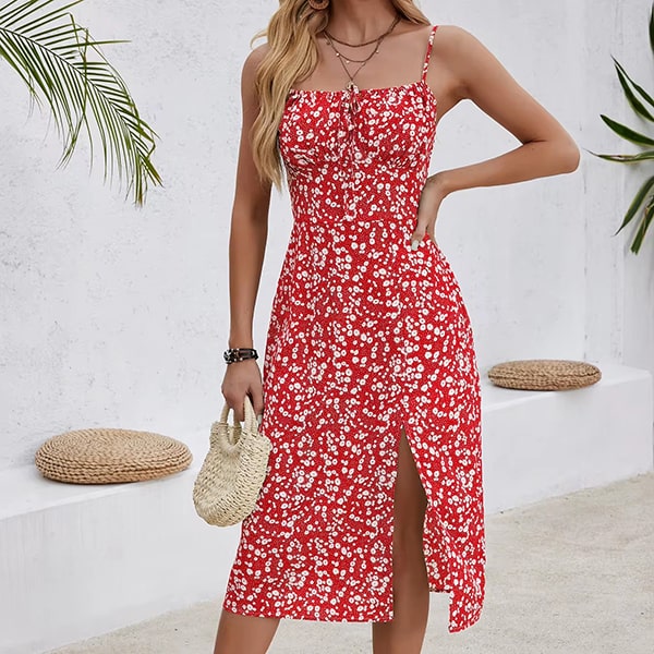 Red Floral Dress With Slit