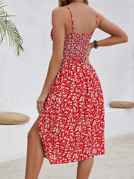 Red Floral Dress With Slit - Image 4