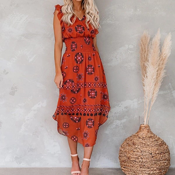 Red Floral Empire Dress