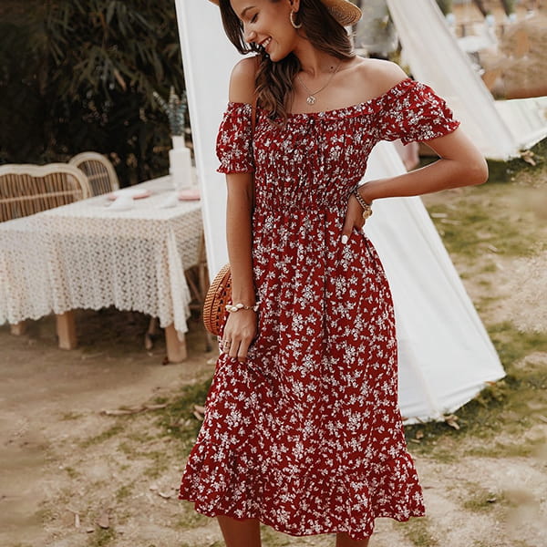 Red Floral Midi Dress - Image 3