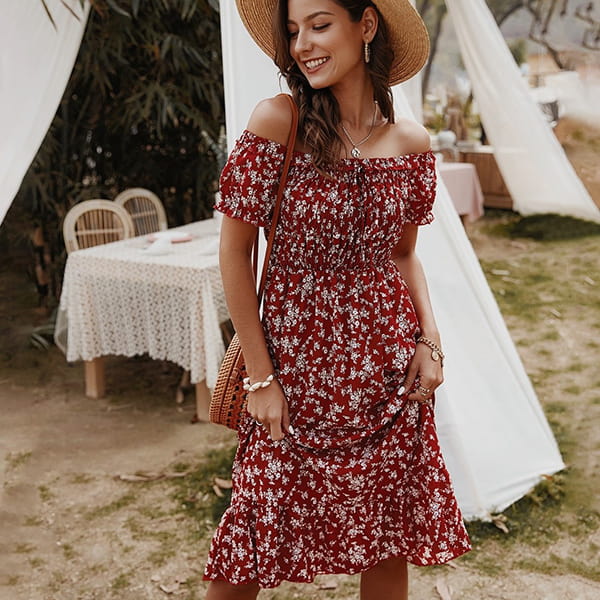 Red Floral Midi Dress