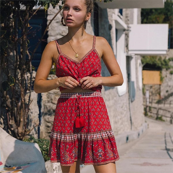 Red Floral Short Skirt