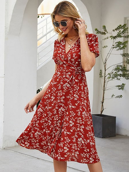 Red Floral Short Sleeves Dress - Image 3