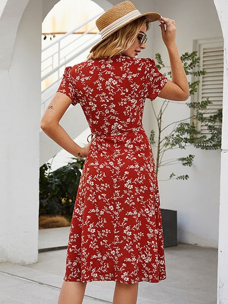 Alternative view of Red Floral Short Sleeves Dress