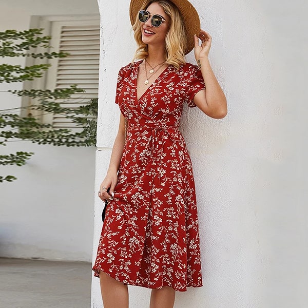 Red Floral Short Sleeves Dress