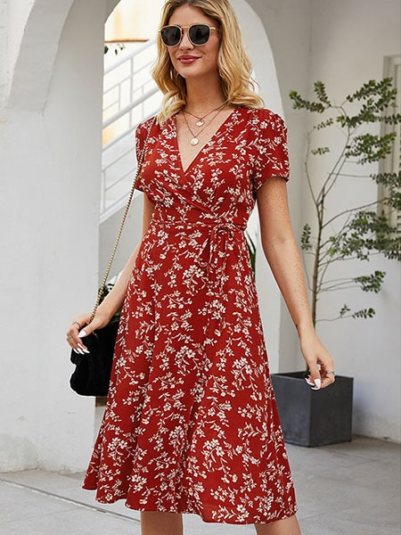 Red Floral Short Sleeves Dress - Image 4