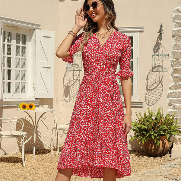 Red Floral Wrap Dress