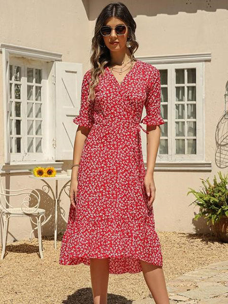 Red Floral Wrap Dress - Image 4