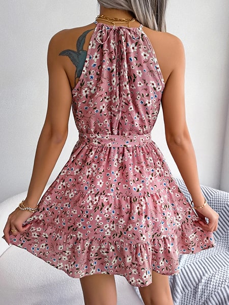 Short Floral Dress with Scarf Neck - Image 4
