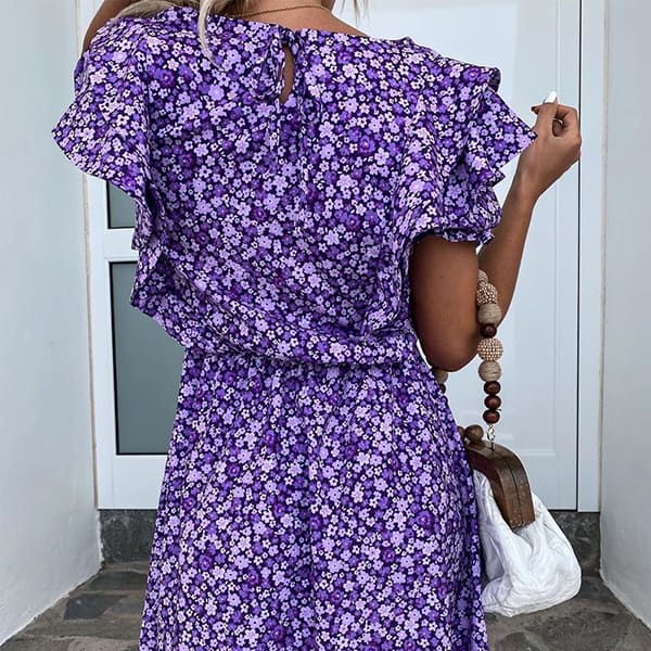 Short Sleeve Purple Floral Dress - Image 4