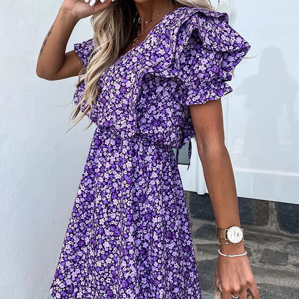 Short Sleeve Purple Floral Dress - Image 3