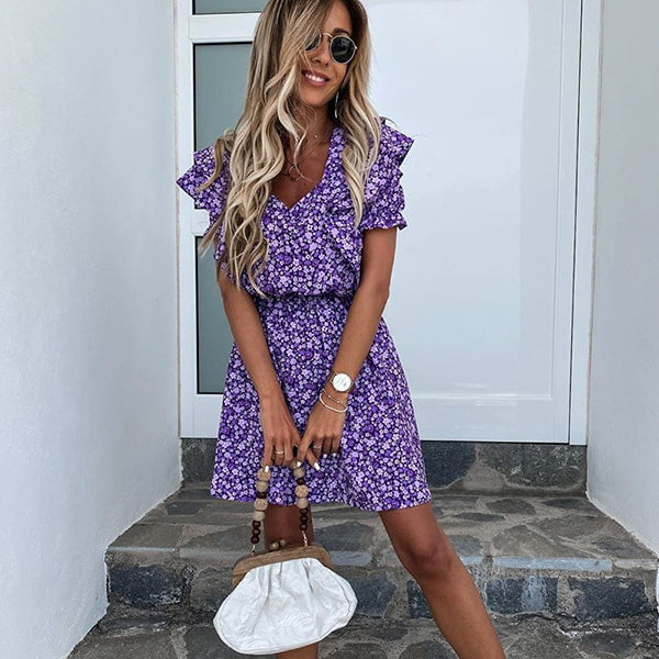 Short Sleeve Purple Floral Dress