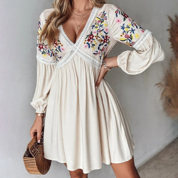 Short White Dress Floral Embroidery